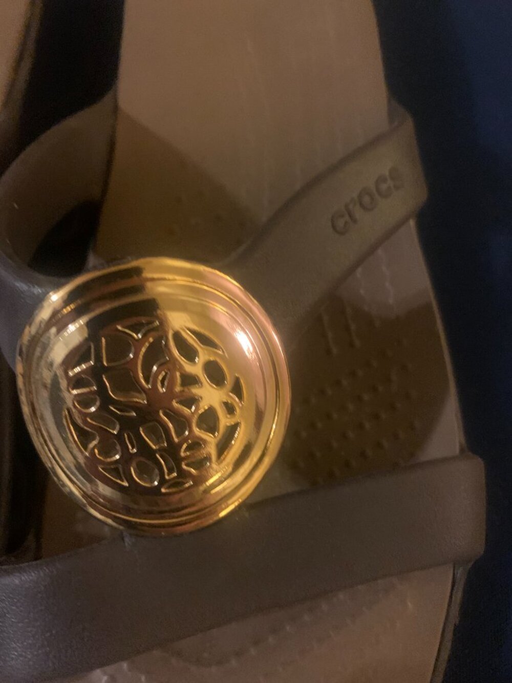 Crocs Sanrah Embellished Wedge Sandals in Espresso/Gold - Picture 2 of 7
